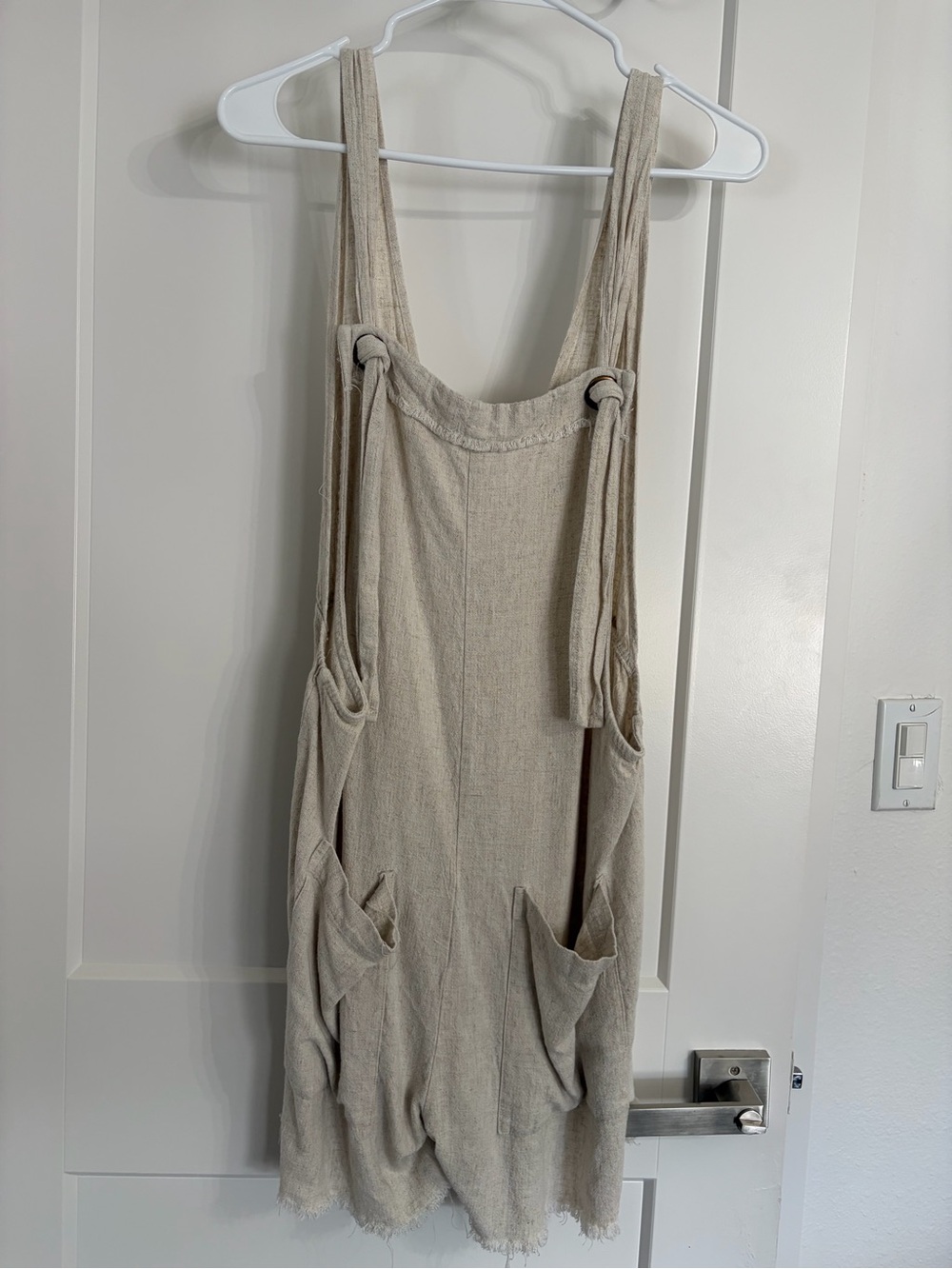 NATURAL LIFE tie front romper in Oatmeal linen.